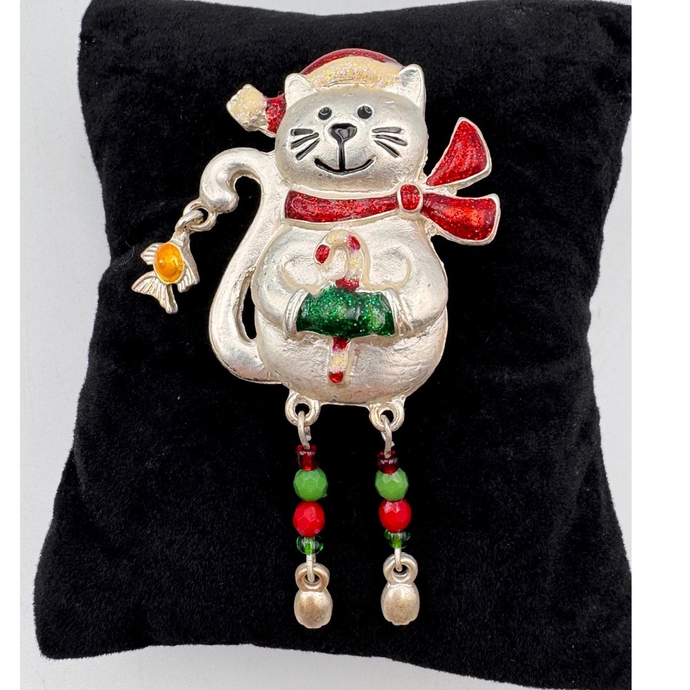 Vintage‎ Christmas Cat Brooch Pin Santa Hat Dangle Enamel Holiday Kitty Jewelry